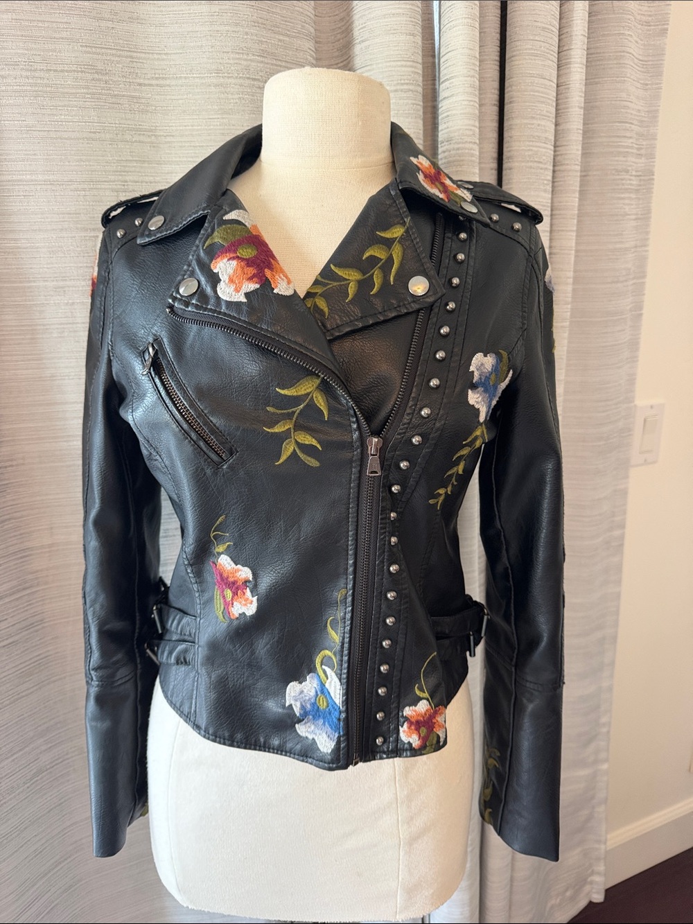 Embroidered Black Floral Moto Jacket - Women's